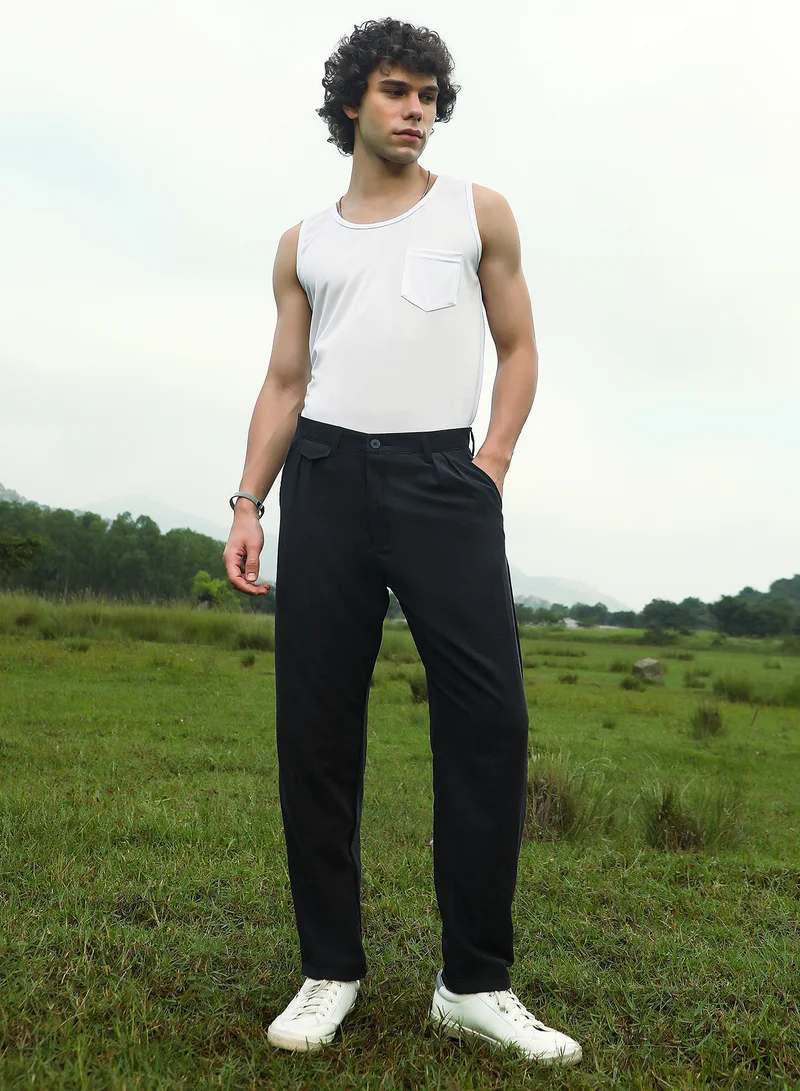 CAHOOT  Men's Onyx Black Velvique Tailored Trousers For Casual Wear | Mid-Rise | Regular Fit | Button Closure | Trousers Crafted With Comfort Fit For Everyday Wear for Men | Best Price UAE